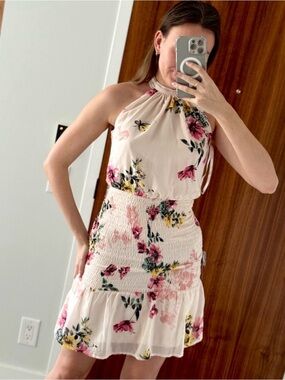 Sleeveless Floral Halter Dress in Cream and Pink